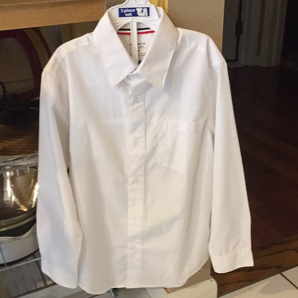 Size 10 long sleeved button down white boys shirt